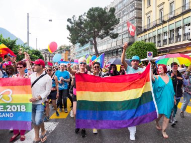 Lugano, Switzerland - June 2, 2018: Pride Lugano 2018. Public event for homosexual rights with a parade on the lakeside of the city.