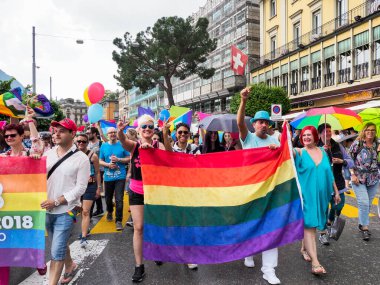 Lugano, Switzerland - June 2, 2018: Pride Lugano 2018. Public event for homosexual rights with a parade on the lakeside of the city.