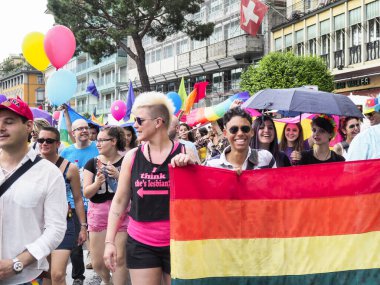Lugano, Switzerland - June 2, 2018: Pride Lugano 2018. Public event for homosexual rights with a parade on the lakeside of the city.