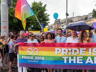 Lugano, Switzerland - June 2, 2018: Pride Lugano 2018. Public event for homosexual rights with a parade on the lakeside of the city.