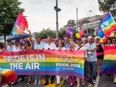 Lugano, Switzerland - June 2, 2018: Pride Lugano 2018. Public event for homosexual rights with a parade on the lakeside of the city.