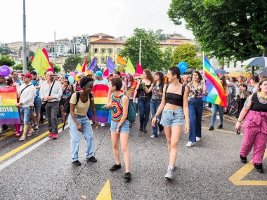 Lugano, Switzerland - June 2, 2018: Pride Lugano 2018. Public event for homosexual rights with a parade on the lakeside of the city.
