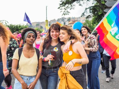 Lugano, Switzerland - June 2, 2018: Pride Lugano 2018. Public event for homosexual rights with a parade on the lakeside of the city.