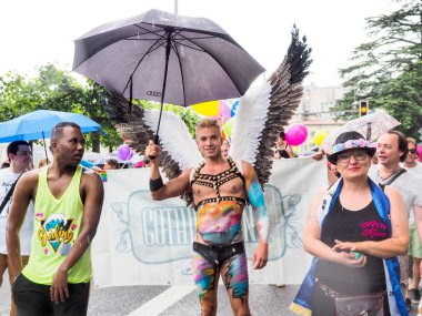 Lugano, Switzerland - June 2, 2018: Pride Lugano 2018. Public event for homosexual rights with a parade on the lakeside of the city.