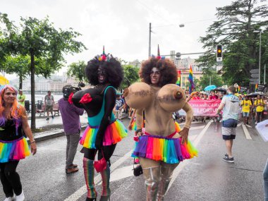 Lugano, Switzerland - June 2, 2018: Pride Lugano 2018. Public event for homosexual rights with a parade on the lakeside of the city.