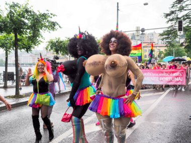 Lugano, Switzerland - June 2, 2018: Pride Lugano 2018. Public event for homosexual rights with a parade on the lakeside of the city.