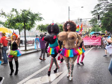 Lugano, Switzerland - June 2, 2018: Pride Lugano 2018. Public event for homosexual rights with a parade on the lakeside of the city.