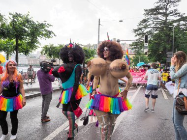 Lugano, Switzerland - June 2, 2018: Pride Lugano 2018. Public event for homosexual rights with a parade on the lakeside of the city.