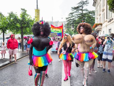 Lugano, Switzerland - June 2, 2018: Pride Lugano 2018. Public event for homosexual rights with a parade on the lakeside of the city.