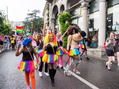 Lugano, Switzerland - June 2, 2018: Pride Lugano 2018. Public event for homosexual rights with a parade on the lakeside of the city.