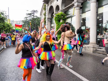 Lugano, Switzerland - June 2, 2018: Pride Lugano 2018. Public event for homosexual rights with a parade on the lakeside of the city.