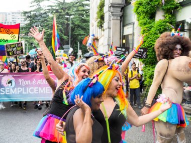 Lugano, Switzerland - June 2, 2018: Pride Lugano 2018. Public event for homosexual rights with a parade on the lakeside of the city.