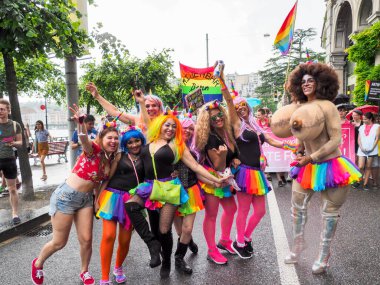 Lugano, Switzerland - June 2, 2018: Pride Lugano 2018. Public event for homosexual rights with a parade on the lakeside of the city.