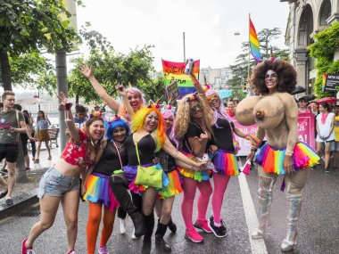 Lugano, Switzerland - June 2, 2018: Pride Lugano 2018. Public event for homosexual rights with a parade on the lakeside of the city.