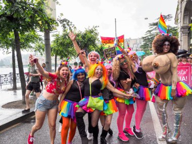 Lugano, Switzerland - June 2, 2018: Pride Lugano 2018. Public event for homosexual rights with a parade on the lakeside of the city.