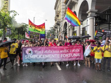 Lugano, Switzerland - June 2, 2018: Pride Lugano 2018. Public event for homosexual rights with a parade on the lakeside of the city.