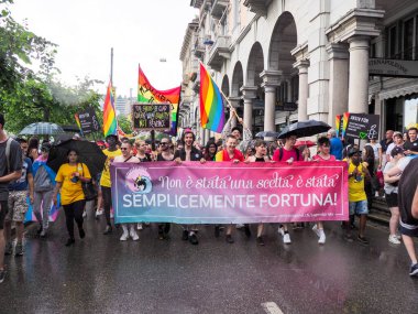 Lugano, Switzerland - June 2, 2018: Pride Lugano 2018. Public event for homosexual rights with a parade on the lakeside of the city.