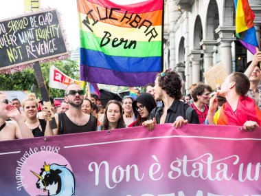 Lugano, Switzerland - June 2, 2018: Pride Lugano 2018. Public event for homosexual rights with a parade on the lakeside of the city.