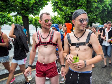 Lugano, Switzerland - June 2, 2018: Pride Lugano 2018. Public event for homosexual rights with a parade on the lakeside of the city.