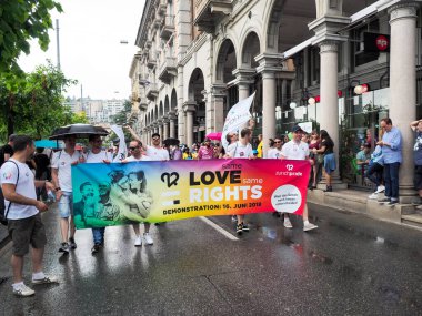 Lugano, Switzerland - June 2, 2018: Pride Lugano 2018. Public event for homosexual rights with a parade on the lakeside of the city.