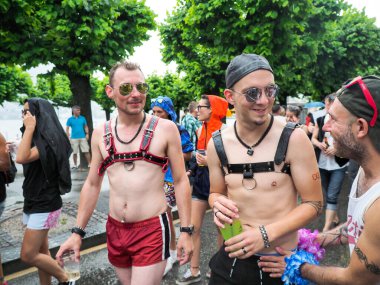 Lugano, Switzerland - June 2, 2018: Pride Lugano 2018. Public event for homosexual rights with a parade on the lakeside of the city.