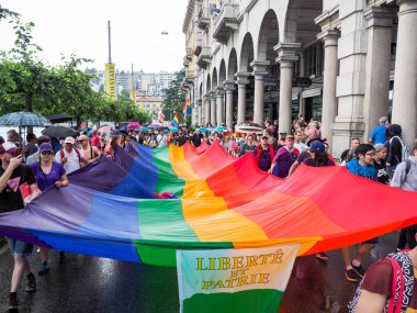 Lugano, Switzerland - June 2, 2018: Pride Lugano 2018. Public event for homosexual rights with a parade on the lakeside of the city.