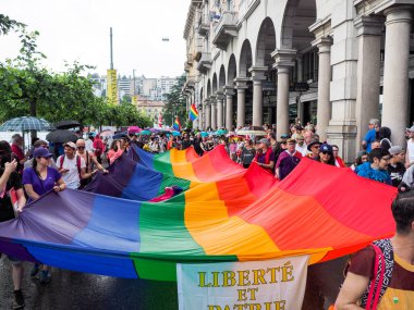 Lugano, Switzerland - June 2, 2018: Pride Lugano 2018. Public event for homosexual rights with a parade on the lakeside of the city.