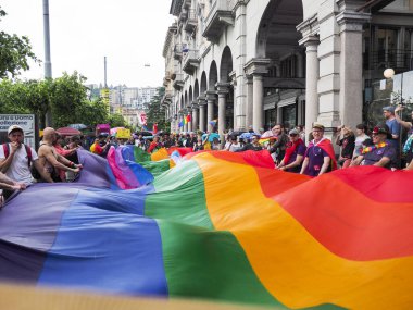Lugano, Switzerland - June 2, 2018: Pride Lugano 2018. Public event for homosexual rights with a parade on the lakeside of the city.