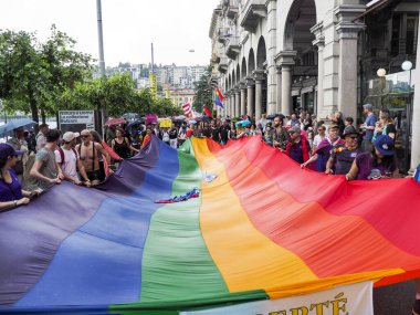 Lugano, Switzerland - June 2, 2018: Pride Lugano 2018. Public event for homosexual rights with a parade on the lakeside of the city.
