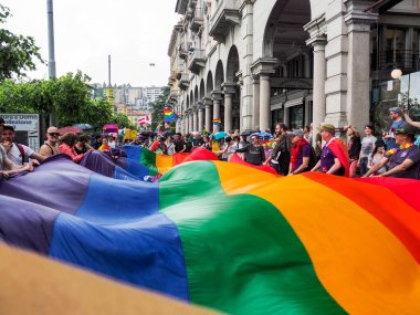 Lugano, Switzerland - June 2, 2018: Pride Lugano 2018. Public event for homosexual rights with a parade on the lakeside of the city.