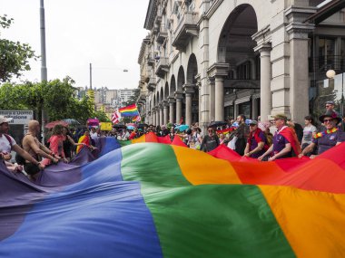 Lugano, Switzerland - June 2, 2018: Pride Lugano 2018. Public event for homosexual rights with a parade on the lakeside of the city.