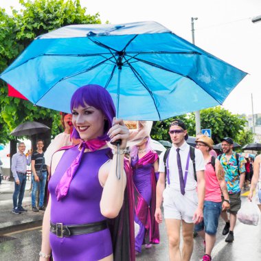 Lugano, Switzerland - June 2, 2018: Pride Lugano 2018. Public event for homosexual rights with a parade on the lakeside of the city.