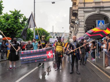 Lugano, Switzerland - June 2, 2018: Pride Lugano 2018. Public event for homosexual rights with a parade on the lakeside of the city.