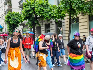 Lugano, Switzerland - June 2, 2018: Pride Lugano 2018. Public event for homosexual rights with a parade on the lakeside of the city.
