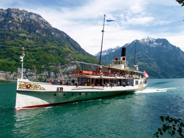 Ruetli, Switzerland - April 28, 2018: passenger boat for navigation and docking.