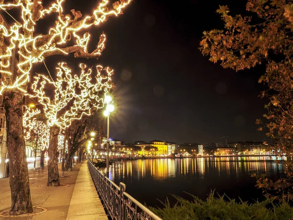 Lugano Suíça Passeio Marítimo Beira Lago Com Luzes Natal — Fotografia de Stock