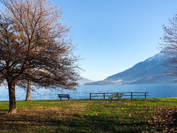 意大利东戈 湖边草地上的长椅 — 图库照片
