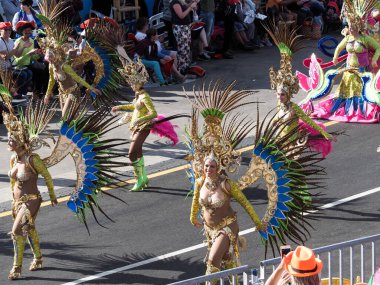 Tenerife, İspanya - mar 05, 2019: Santa Cruz de Tenerife sokaklarında ünlü karnaval festivali, vurmalı çalgıların ritmine uygun karakterler ve gruplar.