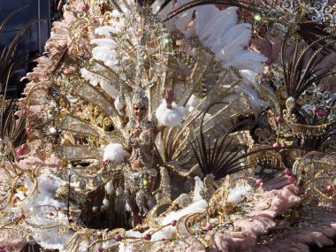 Tenerife, İspanya - mar 05, 2019: Santa Cruz de Tenerife sokaklarında ünlü karnaval festivali, vurmalı çalgıların ritmine uygun karakterler ve gruplar.