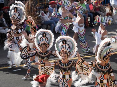 Tenerife, İspanya - mar 05, 2019: Santa Cruz de Tenerife sokaklarında ünlü karnaval festivali, vurmalı çalgıların ritmine uygun karakterler ve gruplar.