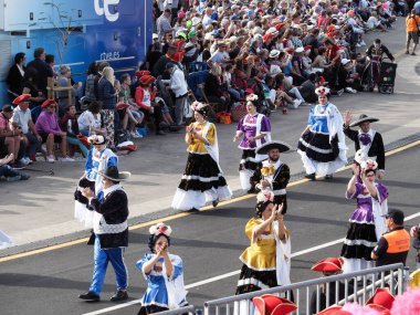 Tenerife, İspanya - mar 05, 2019: Santa Cruz de Tenerife sokaklarında ünlü karnaval festivali, vurmalı çalgıların ritmine uygun karakterler ve gruplar.