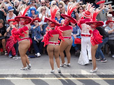 Tenerife, İspanya - mar 05, 2019: Santa Cruz de Tenerife sokaklarında ünlü karnaval festivali, vurmalı çalgıların ritmine uygun karakterler ve gruplar.