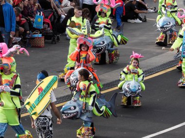 Tenerife, İspanya - mar 05, 2019: Santa Cruz de Tenerife sokaklarında ünlü karnaval festivali, vurmalı çalgıların ritmine uygun karakterler ve gruplar.