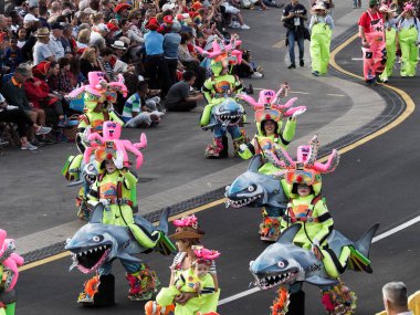 Tenerife, İspanya - mar 05, 2019: Santa Cruz de Tenerife sokaklarında ünlü karnaval festivali, vurmalı çalgıların ritmine uygun karakterler ve gruplar.