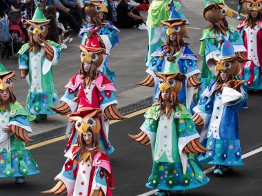 Tenerife, İspanya - mar 05, 2019: Santa Cruz de Tenerife sokaklarında ünlü karnaval festivali, vurmalı çalgıların ritmine uygun karakterler ve gruplar.