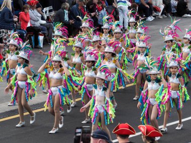 Tenerife, İspanya - mar 05, 2019: Santa Cruz de Tenerife sokaklarında ünlü karnaval festivali, vurmalı çalgıların ritmine uygun karakterler ve gruplar.