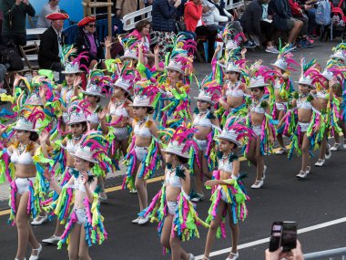 Tenerife, İspanya - mar 05, 2019: Santa Cruz de Tenerife sokaklarında ünlü karnaval festivali, vurmalı çalgıların ritmine uygun karakterler ve gruplar.