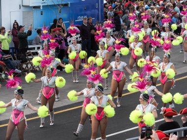 Tenerife, İspanya - mar 05, 2019: Santa Cruz de Tenerife sokaklarında ünlü karnaval festivali, vurmalı çalgıların ritmine uygun karakterler ve gruplar.