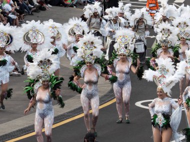 Tenerife, İspanya - mar 05, 2019: Santa Cruz de Tenerife sokaklarında ünlü karnaval festivali, vurmalı çalgıların ritmine uygun karakterler ve gruplar.