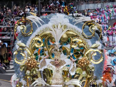 Tenerife, İspanya - mar 05, 2019: Santa Cruz de Tenerife sokaklarında ünlü karnaval festivali, vurmalı çalgıların ritmine uygun karakterler ve gruplar.